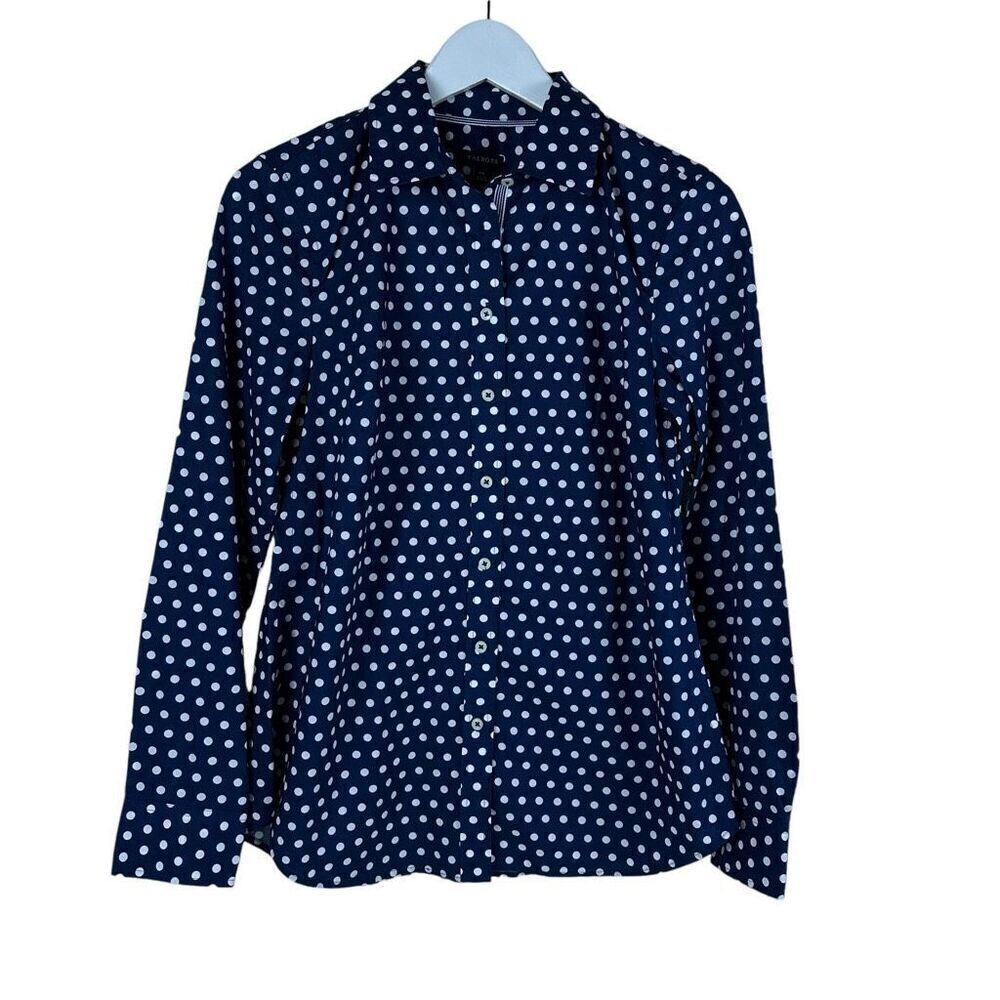 Talbots Womens Navy White Polka Dot button down shirt XS NEW